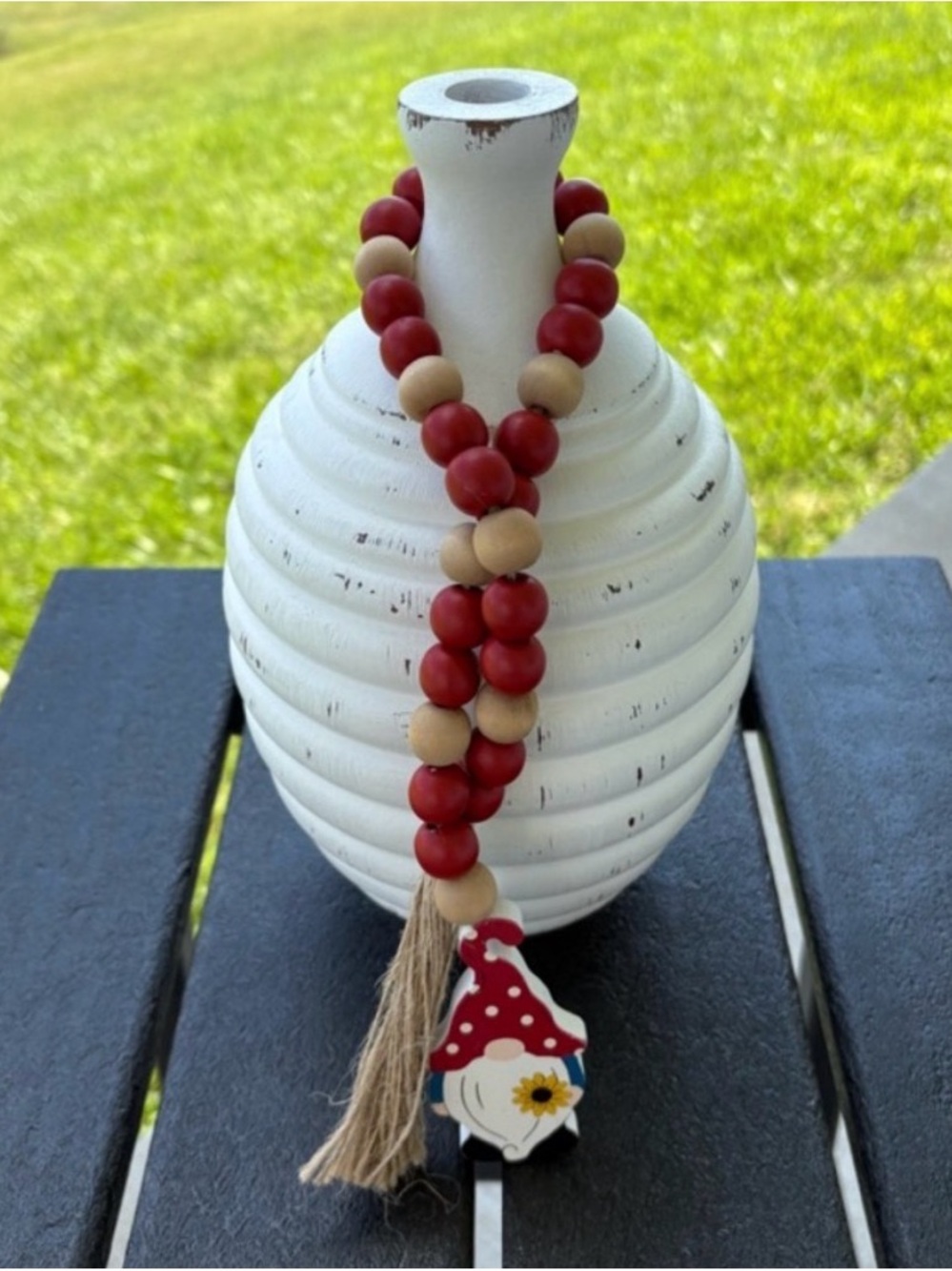 Gnome Beaded Garland - Red and Natural Wood Beads - Tier Tray Decor - NEW